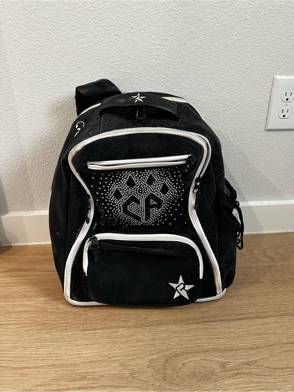 Rebel Athletic Black Backpack with White Trim & bling Cheer Athletics claw logo